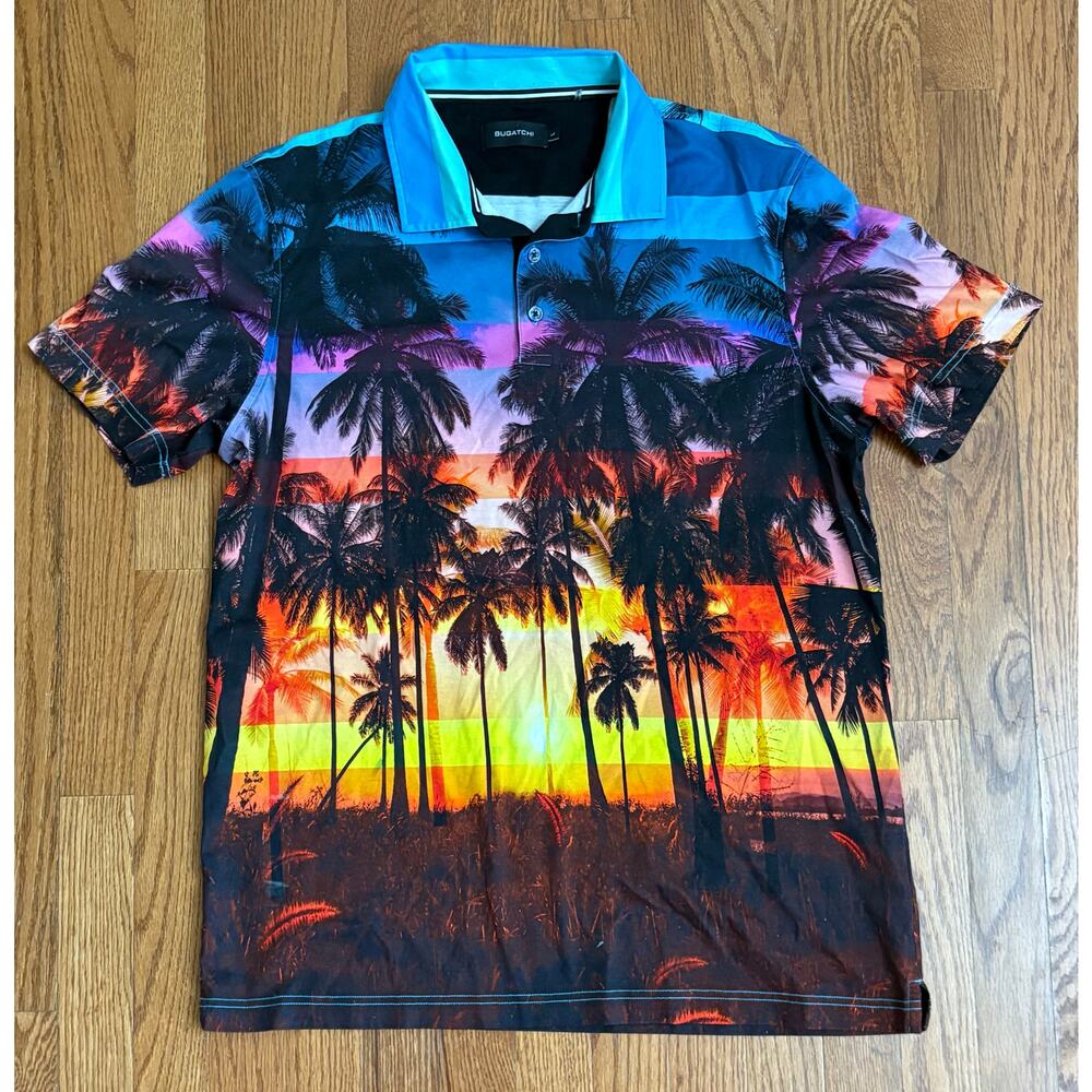 Bugatchi Mens‎ Large Tropical Sunset Palm Tree Graphic Short Sleeve Polo Shirt